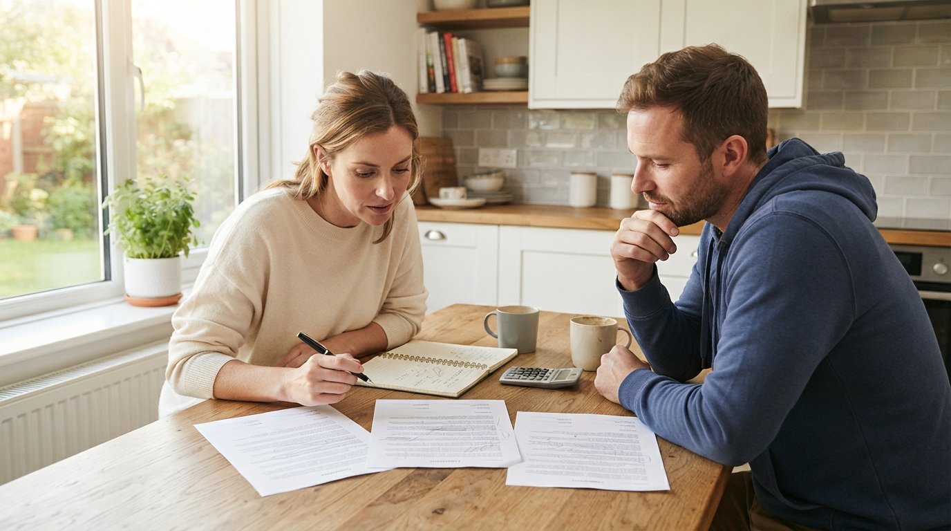 Two people at a sunlit kitchen table comparing three printed remodeling contracts side by side with a notebook, calculator,…