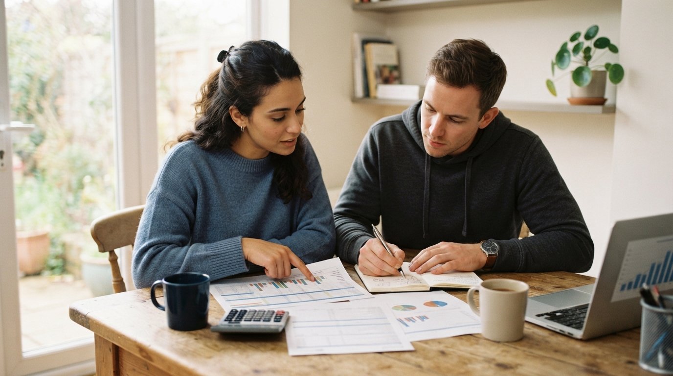 Two people at a wooden table review printed loan comparison sheets beside a laptop, calculator, and coffee mugs