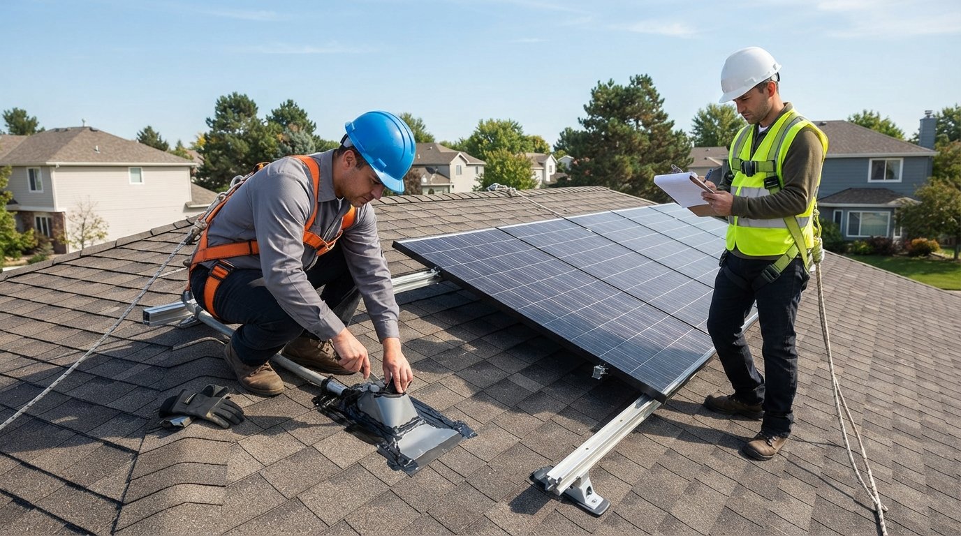 Two solar installers in hard hats and harnesses mount a panel on a shingled roof while one inspects flashing and sealant