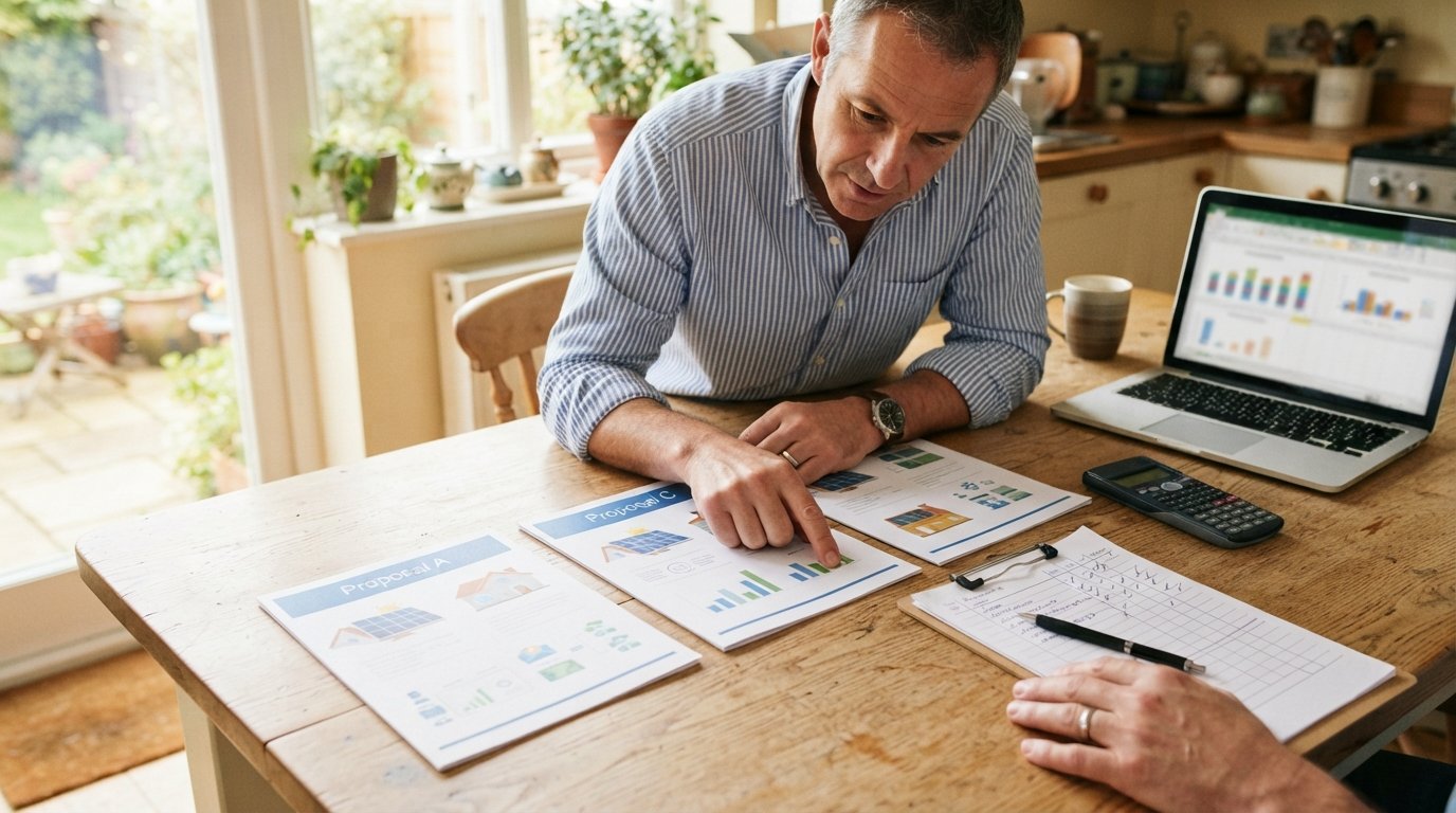 Homeowner in a button-down shirt leans over a kitchen table, pointing at one of three printed solar proposals beside a…