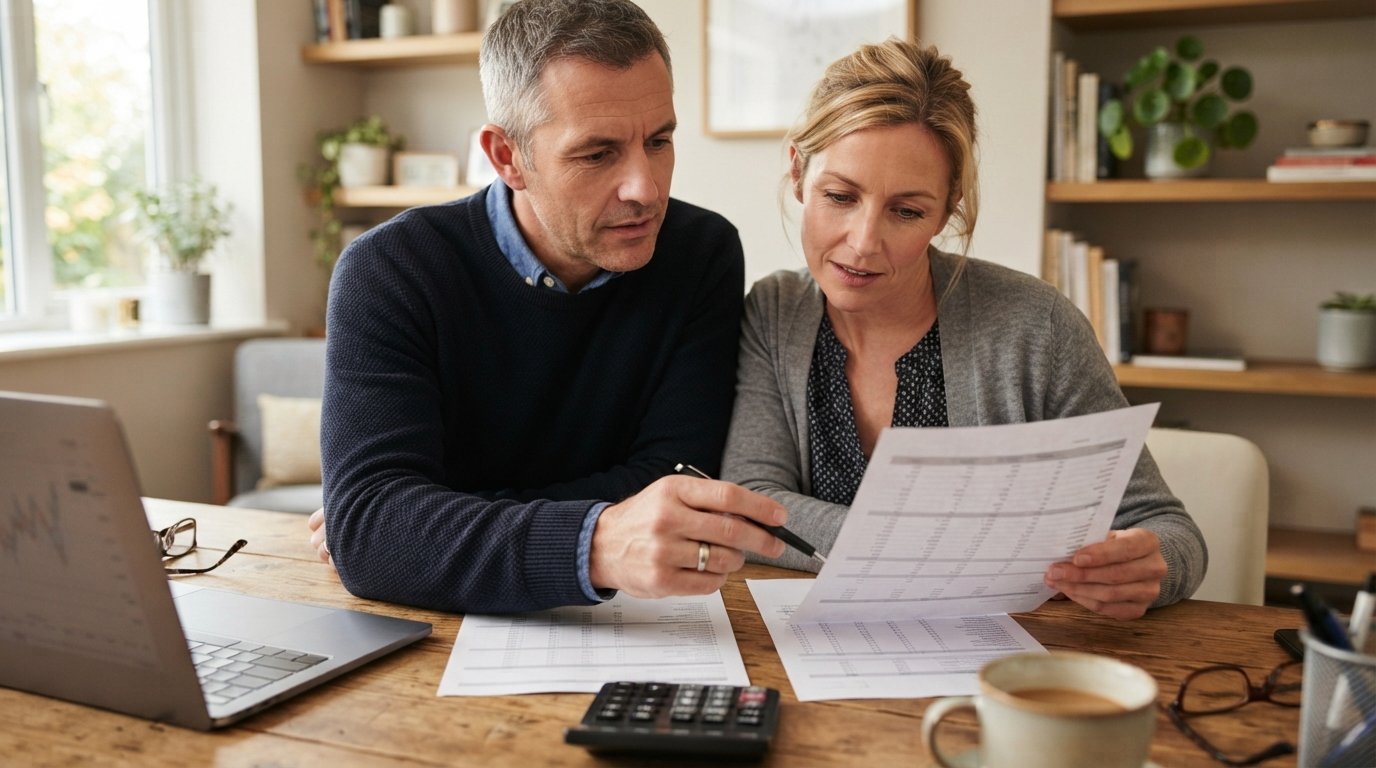 Couple at a kitchen table reviewing loan documents beside a laptop and calculator, one person pointing at figures on a…