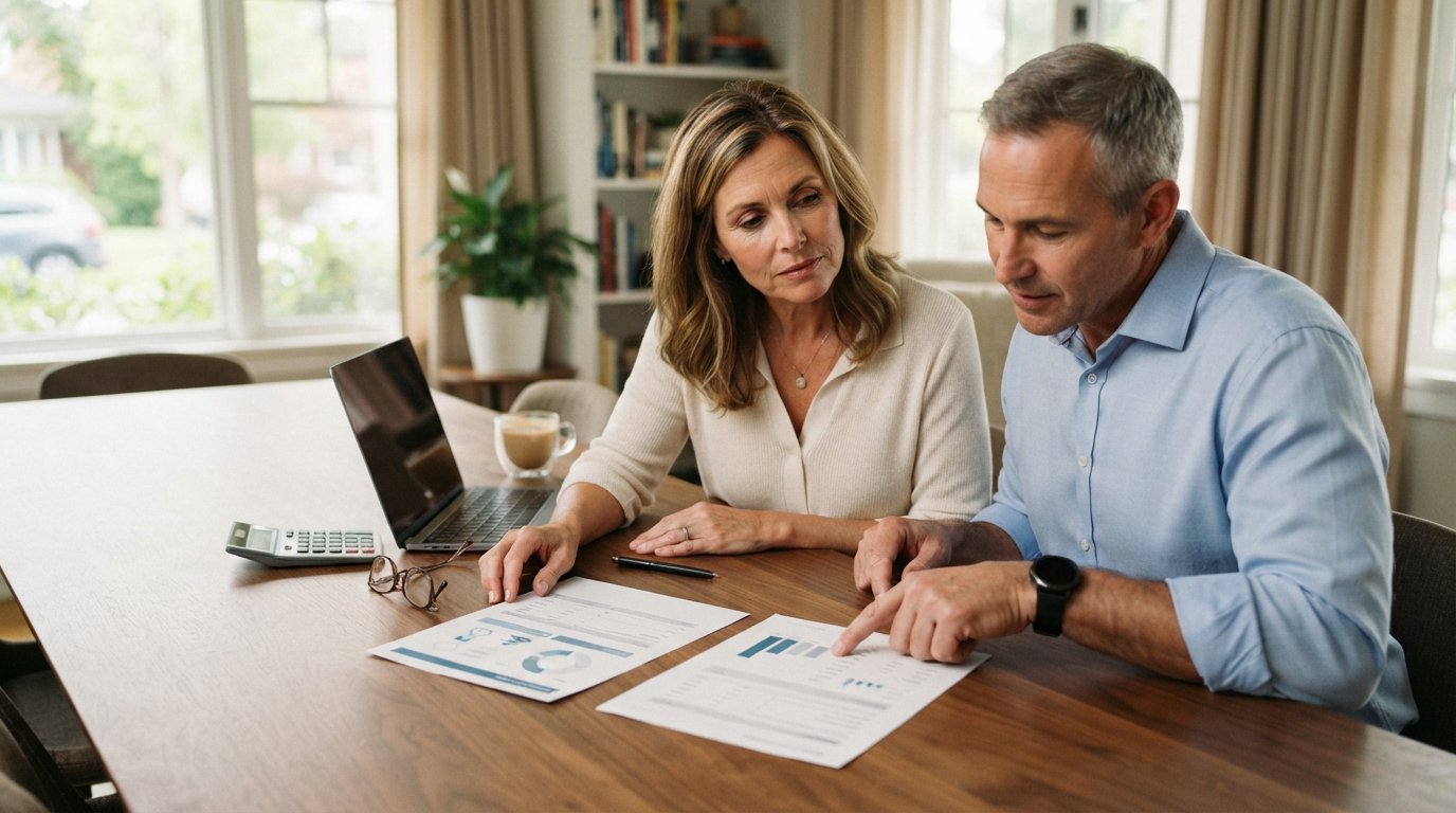 Couple at a wooden table reviewing two printed policy illustrations side by side, with a laptop, calculator, glasses, and…