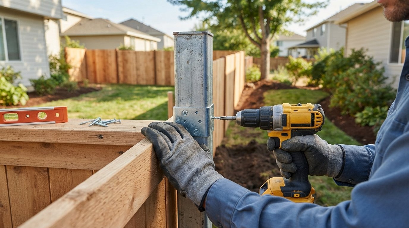 Gloved hands using a cordless drill to fasten a galvanized bracket joining a wood fence rail to a square metal post