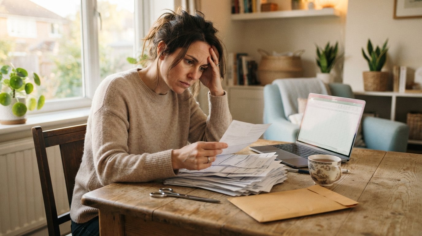 Stressed woman at a wooden desk sorting a stack of paper bills beside scissors, an envelope, and a laptop with a blank…