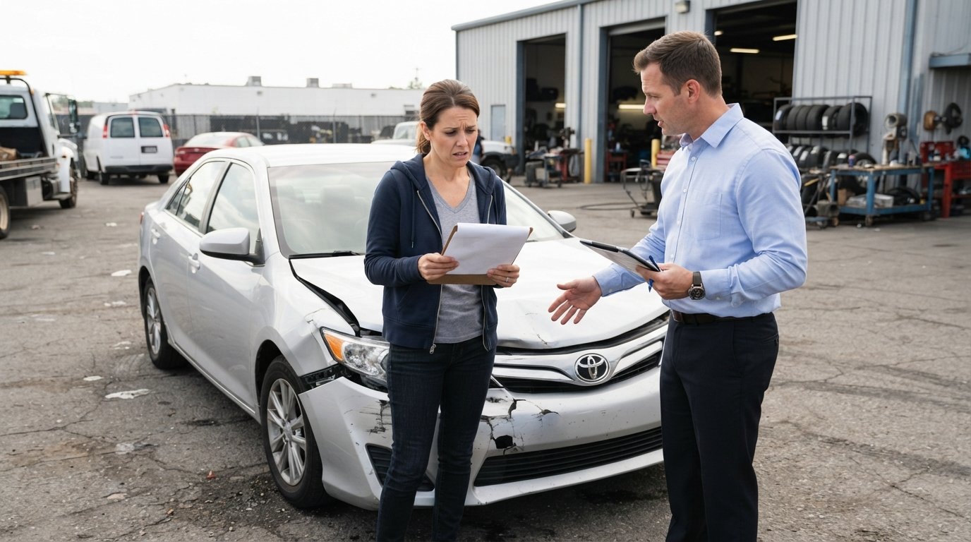 Concerned driver holding repair paperwork beside a silver sedan with a crumpled front bumper while an insurance adjuster…
