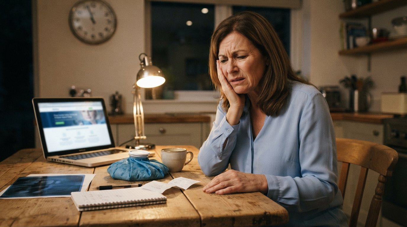 Middle-aged woman in a light blue blouse holding her cheek in pain at a kitchen table with an ice pack, dental bill, coffee…