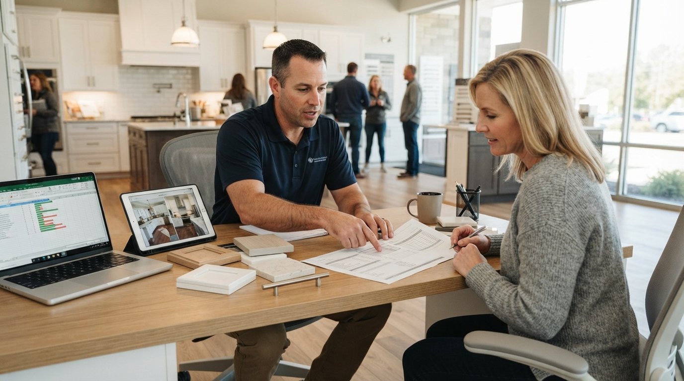 Contractor in navy polo gestures toward a printed line-item quote as a homeowner reviews material swatches at a light oak…