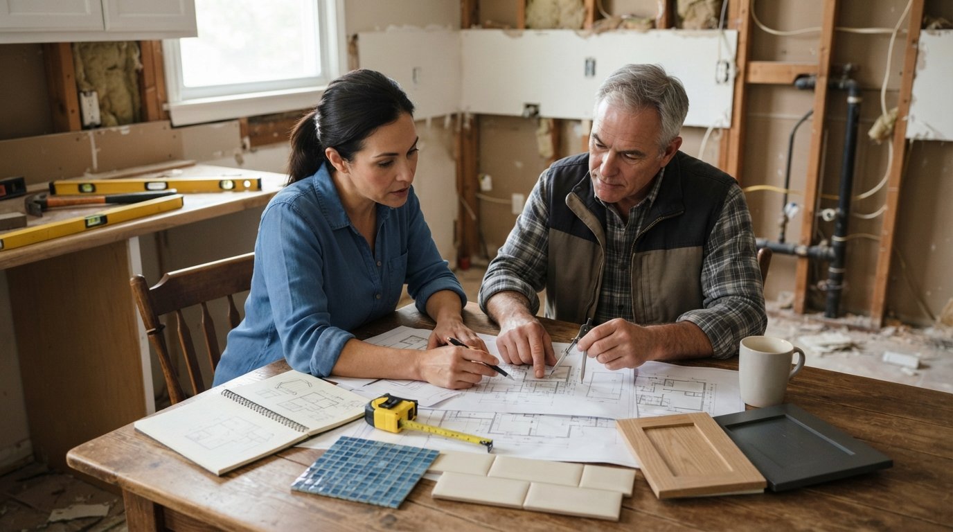 Homeowner and contractor review floor plans, a notebook, tape measure, and tile and cabinet swatches at a kitchen table,…