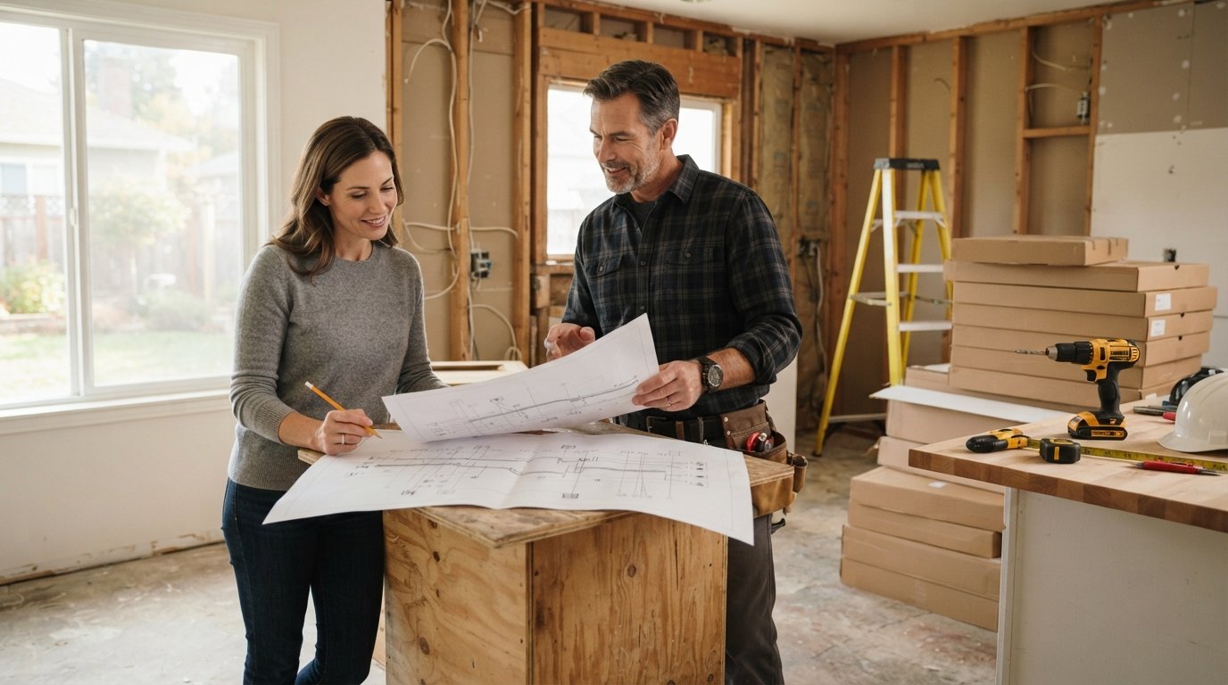 Homeowner and contractor review a paper renovation timeline at a kitchen island in a half-demolished kitchen with exposed…