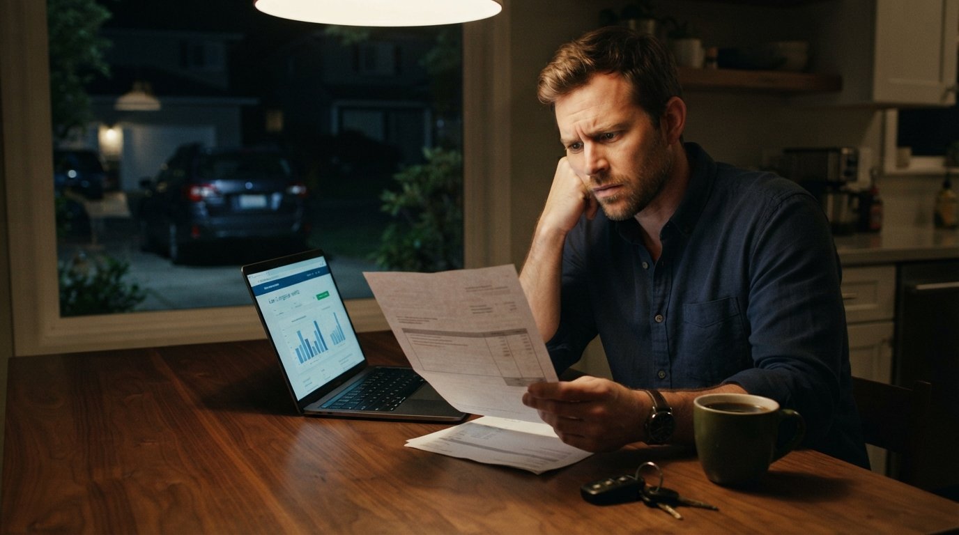 Worried man in his 30s at a kitchen table reviewing a car repair invoice beside a laptop showing a loan comparison site