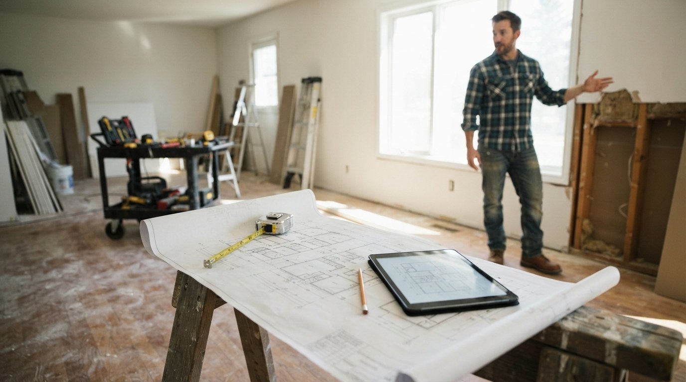 Rolled blueprint on a sawhorse in a bright living room mid-renovation, with a contractor pointing at exposed wall studs in…