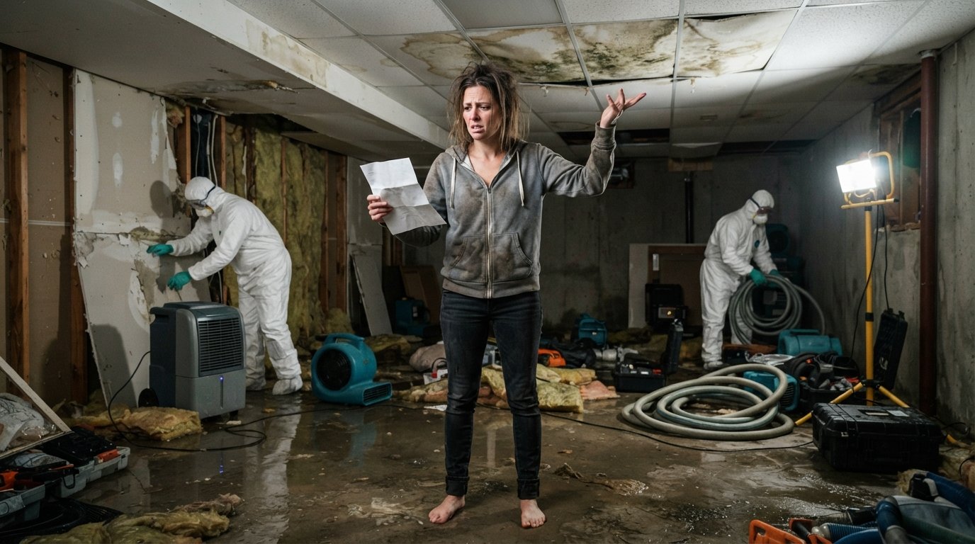 Frustrated homeowner in a flooded basement holds a denial letter and points to water-stained ceiling tiles and damaged…