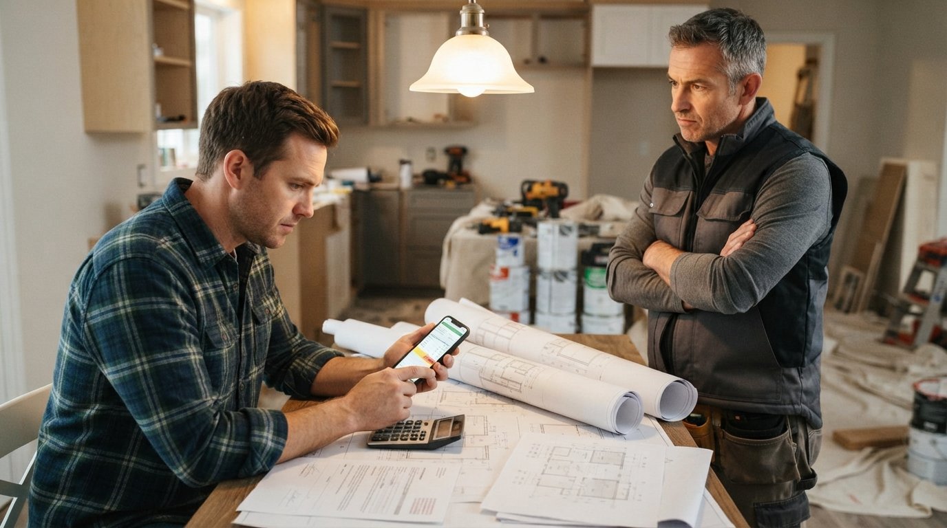 Homeowner in plaid shirt holds smartphone showing an invoice while a contractor stands across a table covered with…