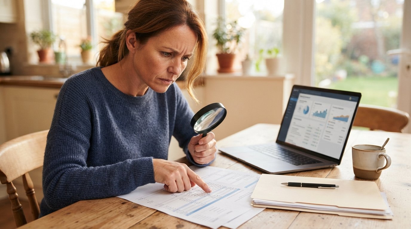 Concerned homeowner at a kitchen table examining a mortgage statement with a magnifying glass, laptop and paperwork nearby