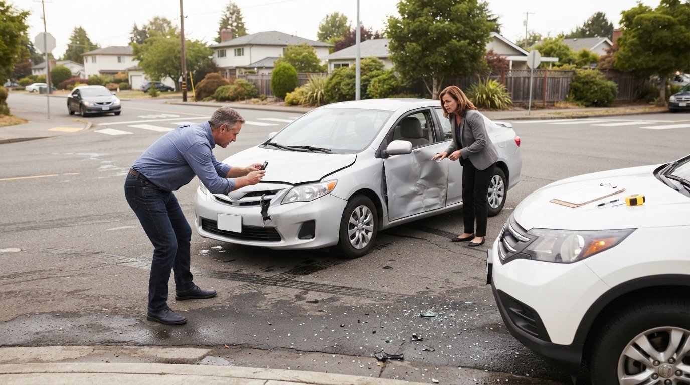 Man in blue shirt photographs a silver sedan's crumpled bumper with his phone as a woman in a gray blazer inspects a dented…