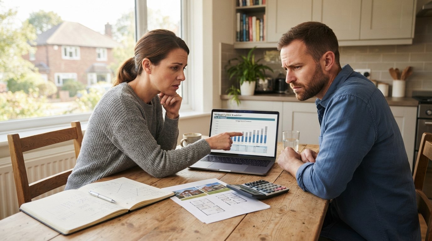 Couple at a kitchen table with a calculator, notebook, listing sheet, and laptop showing a mortgage breakdown, a suburban…
