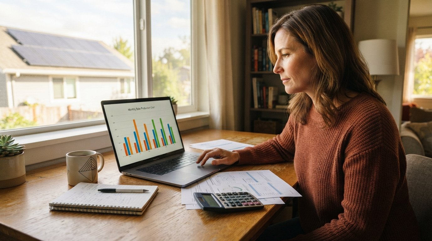 Person at a sunlit desk comparing a laptop bar chart with printed quote sheets and a calculator, rooftop solar panels…