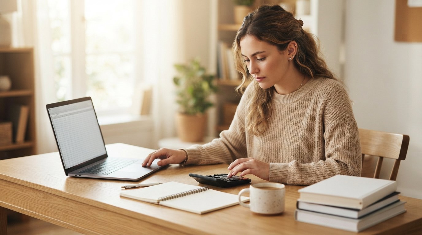 Focused student at a wooden desk using a calculator beside a laptop with a blank spreadsheet, notebook, pen, coffee mug,…