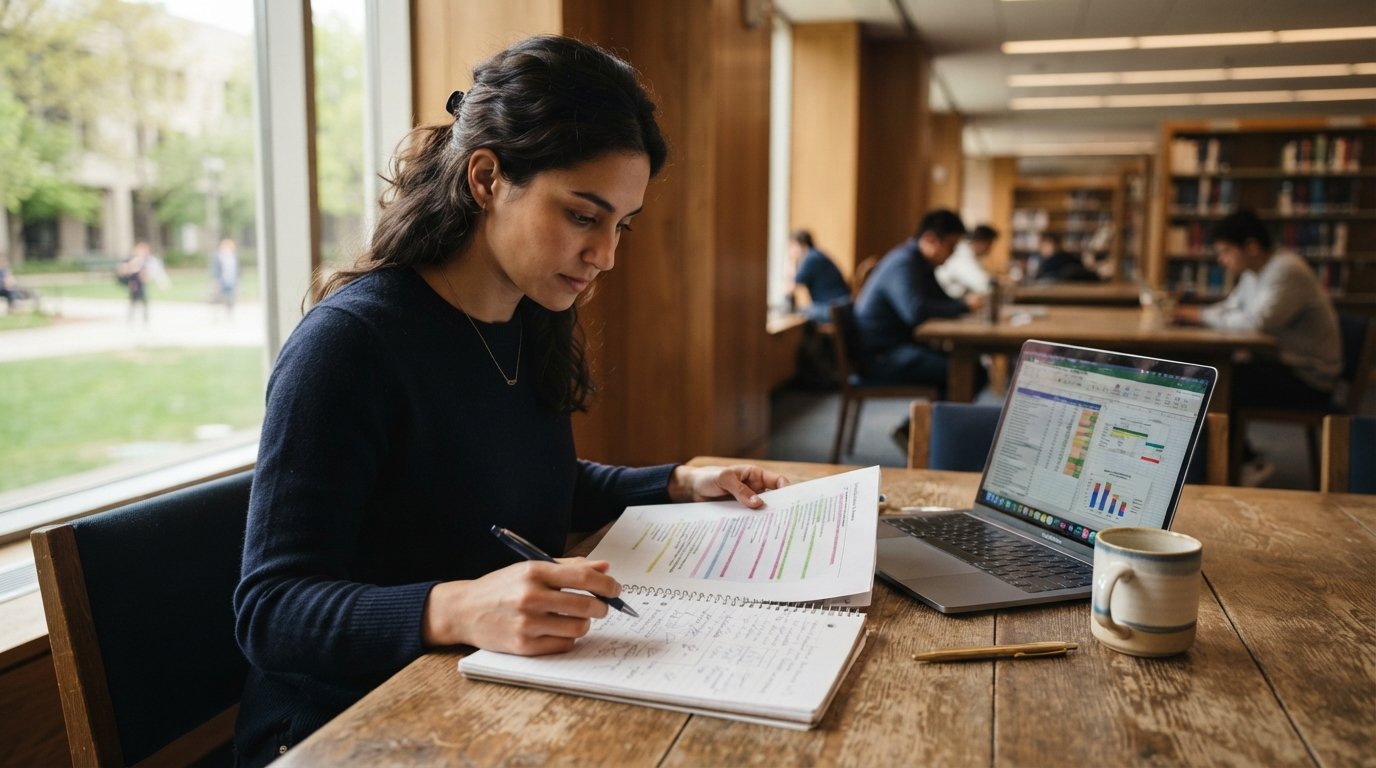 Adult student highlights a printed course syllabus beside a laptop showing a spreadsheet at a wooden library table