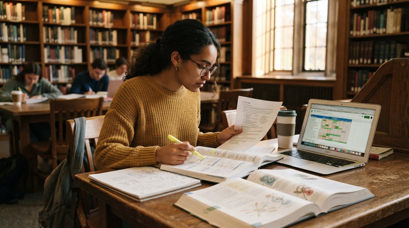 College student highlighting printed curriculum pages at a library table with a laptop and stacked textbooks