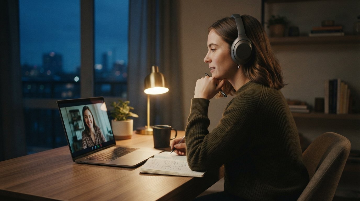 Woman in headphones at a home desk at night, laptop showing an advisor during a video call, with notebook, mug, and lamp