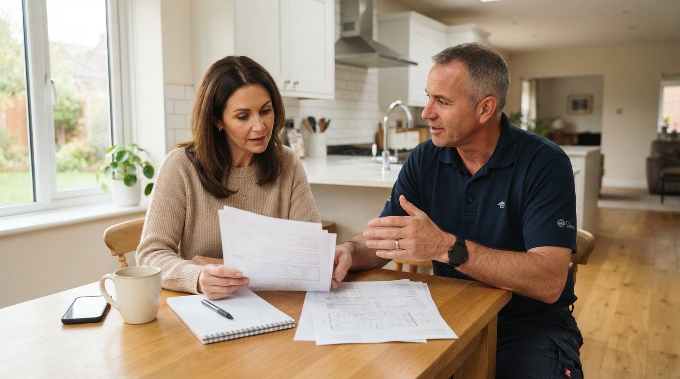 Homeowner reviewing a contractor's written estimate at a kitchen table with a smartphone, notepad, and coffee cup while the…