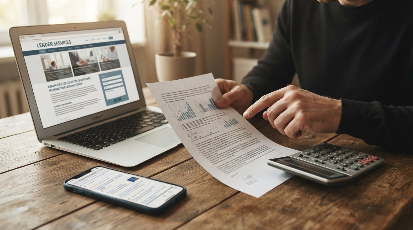 Hands at a wooden desk holding a loan document beside a calculator, laptop showing a lender website, and a smartphone