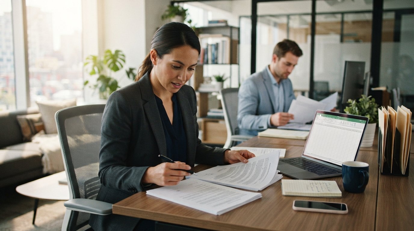 Mortgage professional in business casual attire compares two printed contracts at a wooden desk with a laptop, pen,…