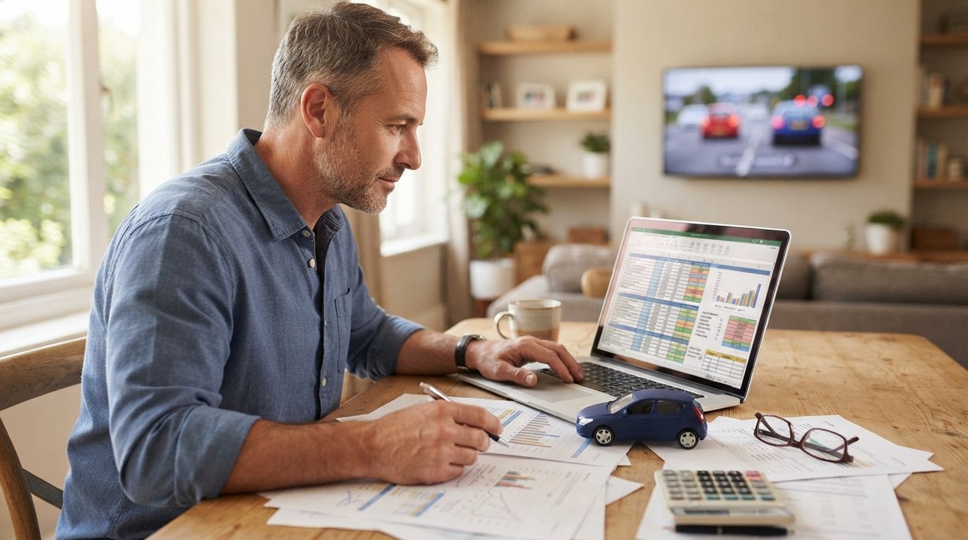 Middle-aged driver at a sunlit kitchen table reviewing auto insurance quotes on a laptop beside printed pages, a…