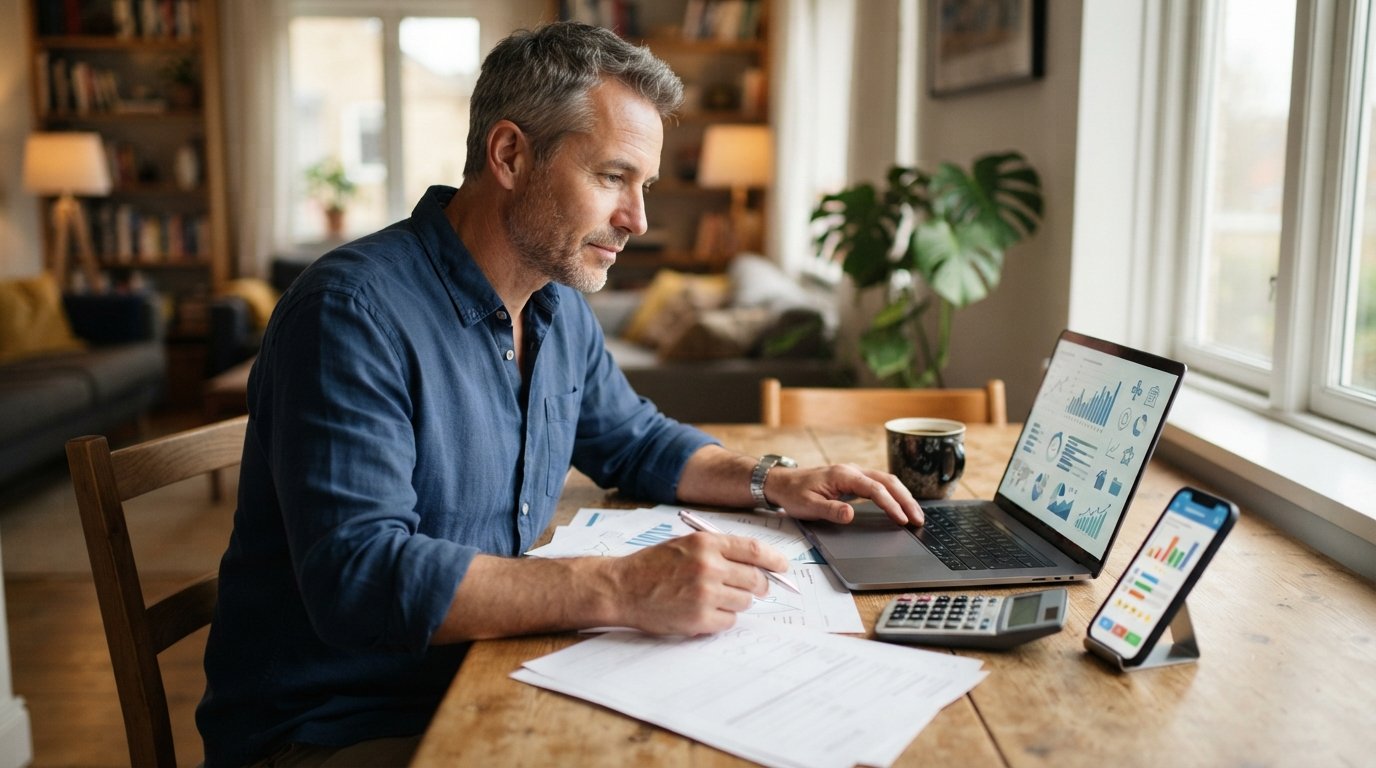 Middle-aged driver in blue shirt comparing auto insurance options on a laptop, printed documents, calculator, and…