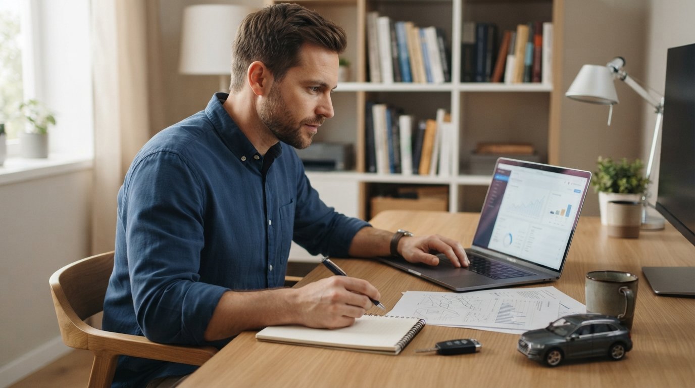 Man in button-down shirt reviewing auto loan documents at a desk, comparing lender details on a laptop with notepad, pen,…