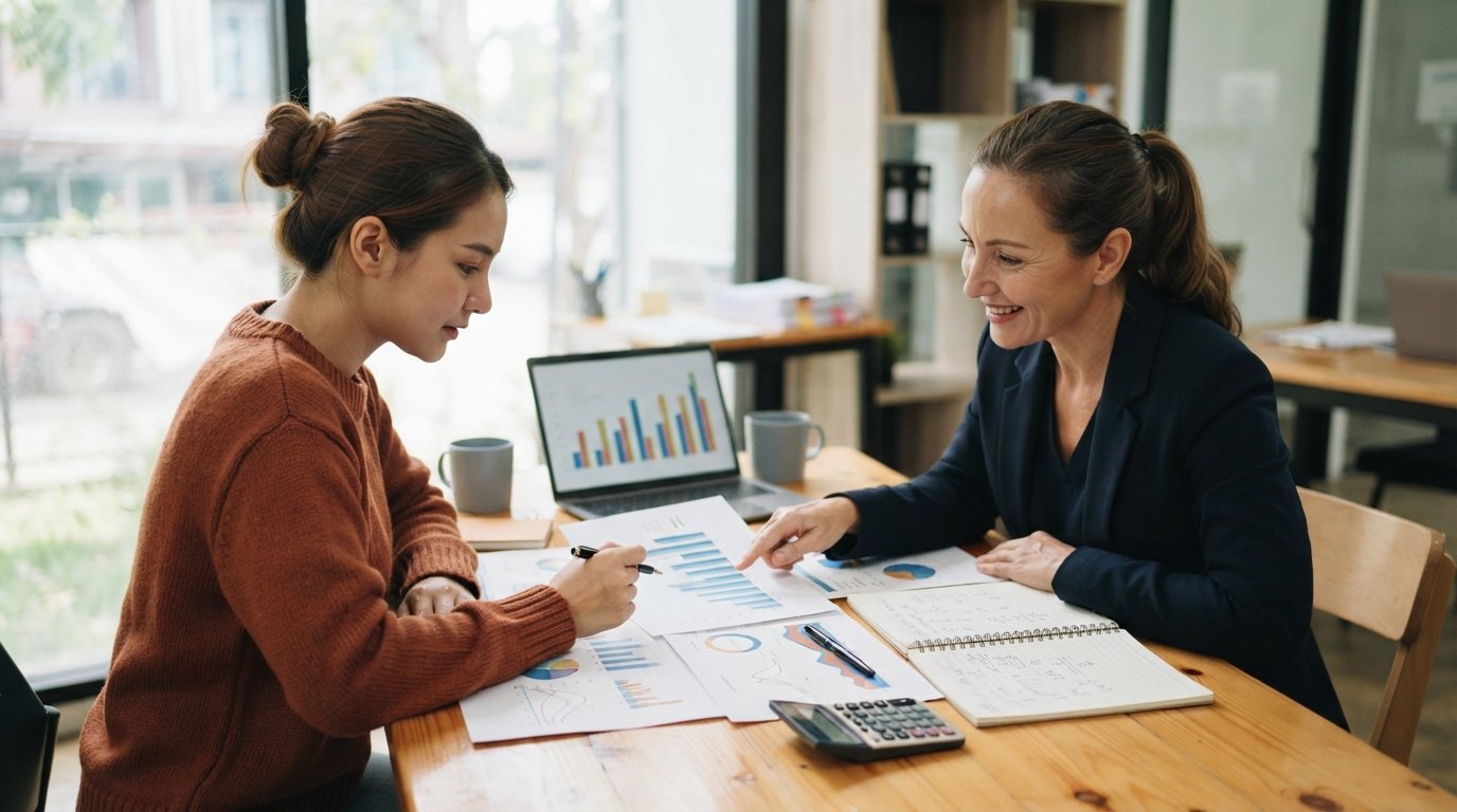 Career advisor and adult student at a desk comparing printed charts and a calculator, with a laptop showing a bar graph