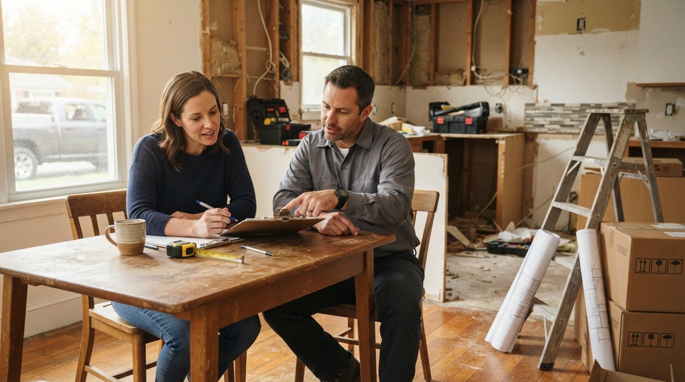 Homeowner and contractor reviewing a clipboard checklist at a kitchen table beside a partially demolished kitchen with…