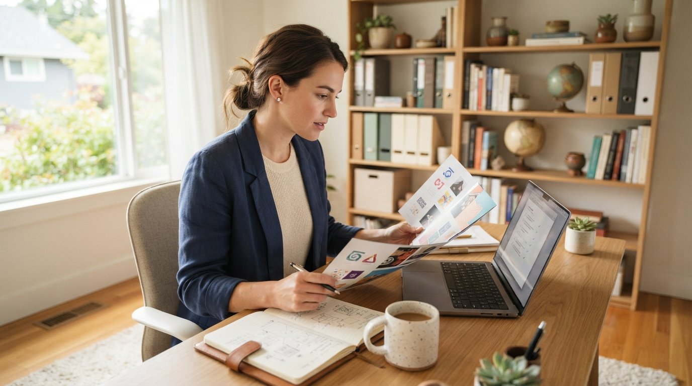 Young woman in a casual blazer comparing printed brochures at a wooden desk with a laptop showing a checklist, coffee mug,…