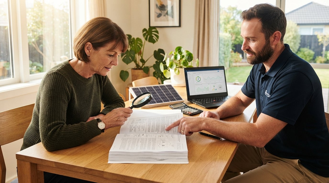 Homeowner and solar installer reviewing warranty paperwork at a table with a magnifying glass, laptop dashboard,…
