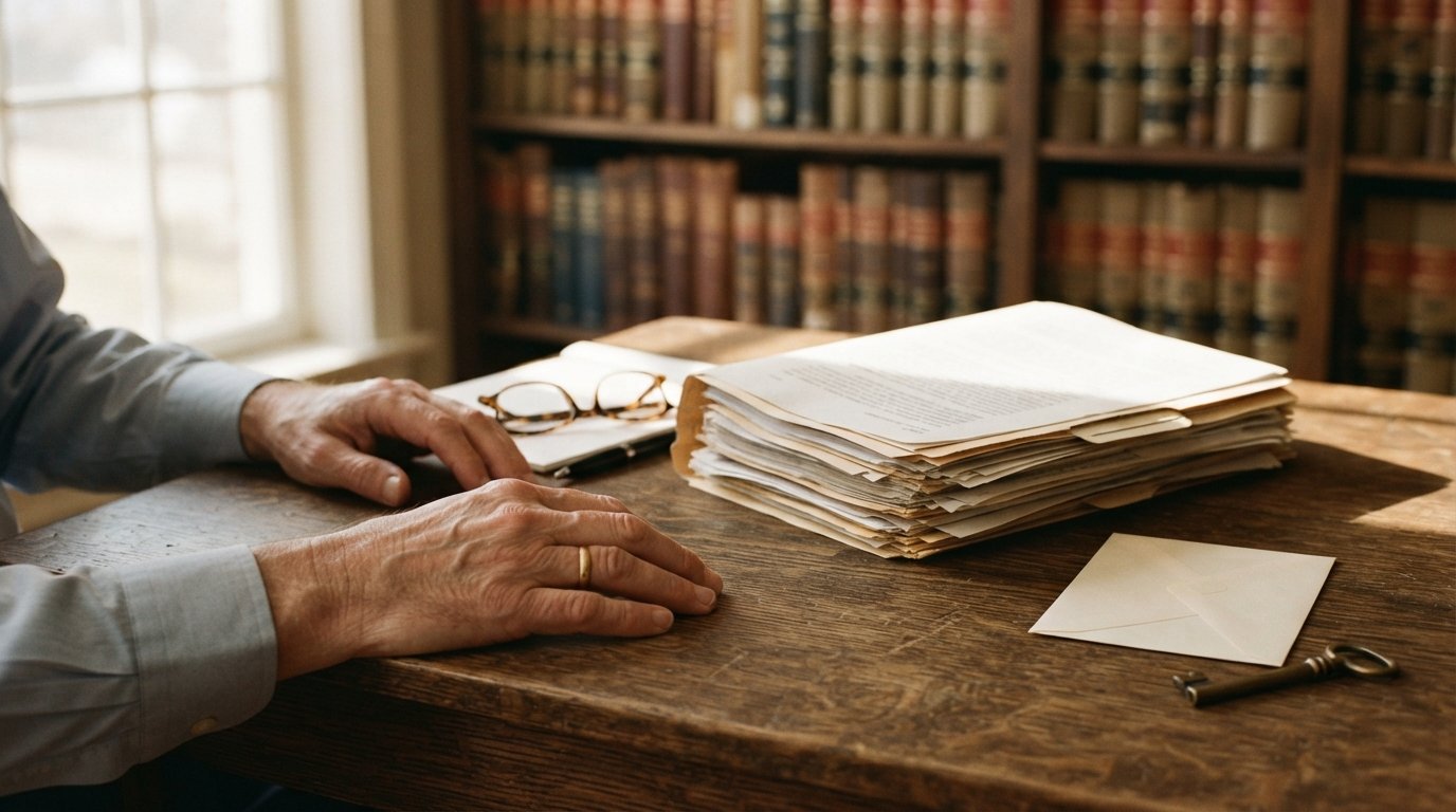 Close-up of hands resting on a wooden desk beside a manila folder of court documents, reading glasses, pen, sealed…