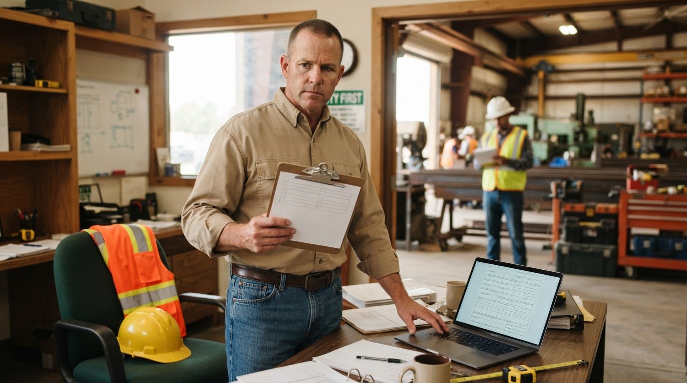Business owner in tan shirt holding clipboard with DWC Form-005, standing at desk with laptop and hard hat nearby in…