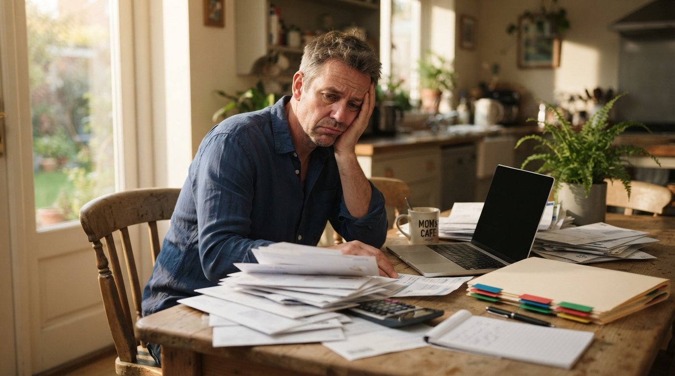 Middle-aged man in a blue shirt sitting at a wooden table, head in one hand, surrounded by unopened envelopes, a laptop,…