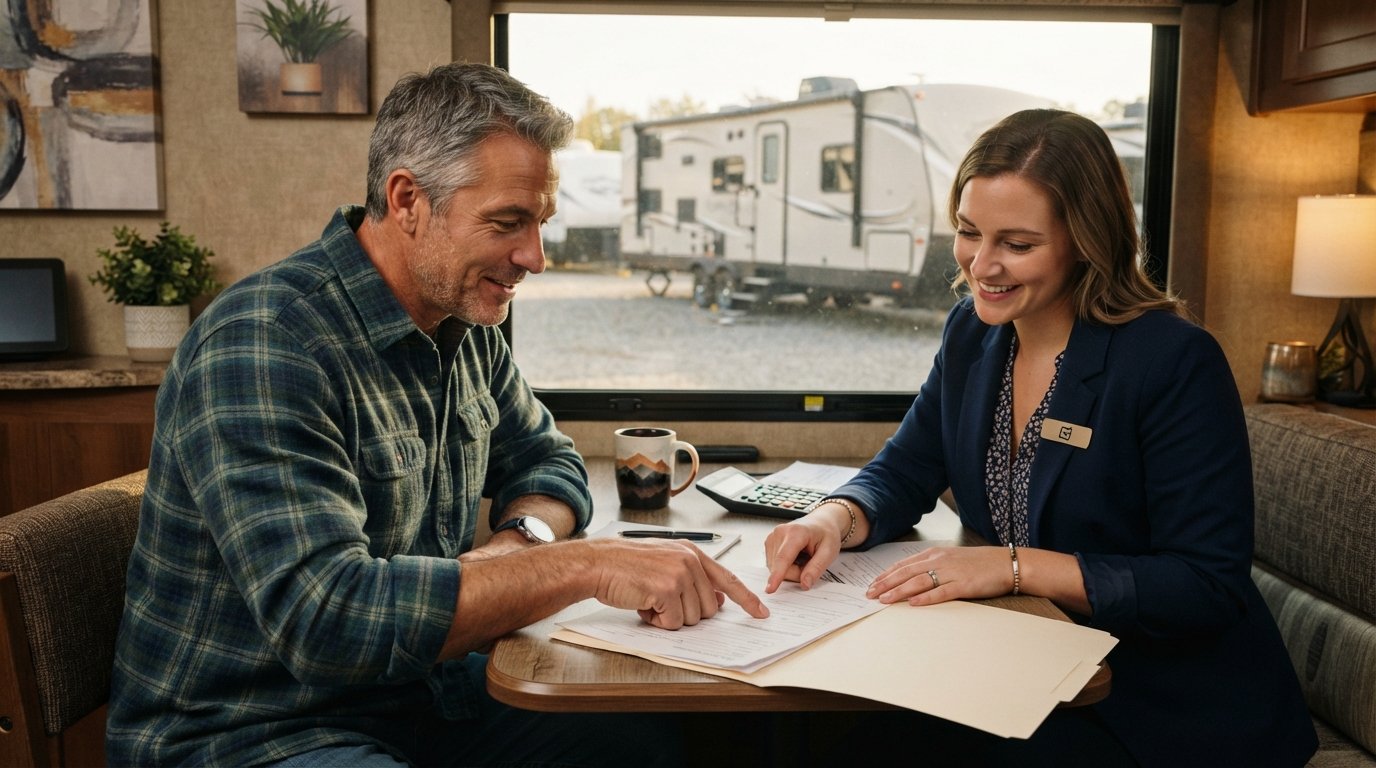 Middle-aged man in plaid shirt reviewing financing paperwork with a sales representative at a wooden desk in an RV…