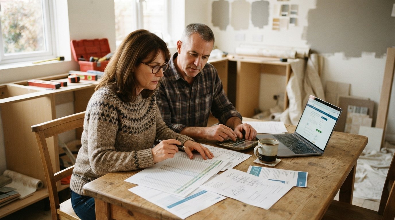 Middle-aged couple at a kitchen table reviewing loan paperwork, a calculator, a contractor's estimate, and a laptop showing…