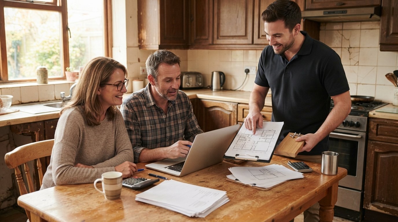 Couple reviewing paperwork and a laptop at a kitchen table while a contractor points to a clipboard with renovation plans…