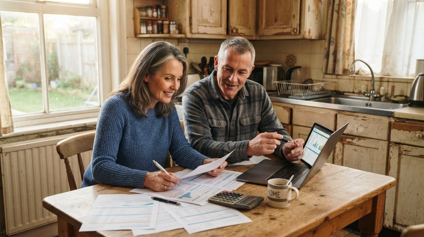 Couple at a wooden kitchen table reviewing credit reports and a laptop with a calculator, outdated kitchen behind them
