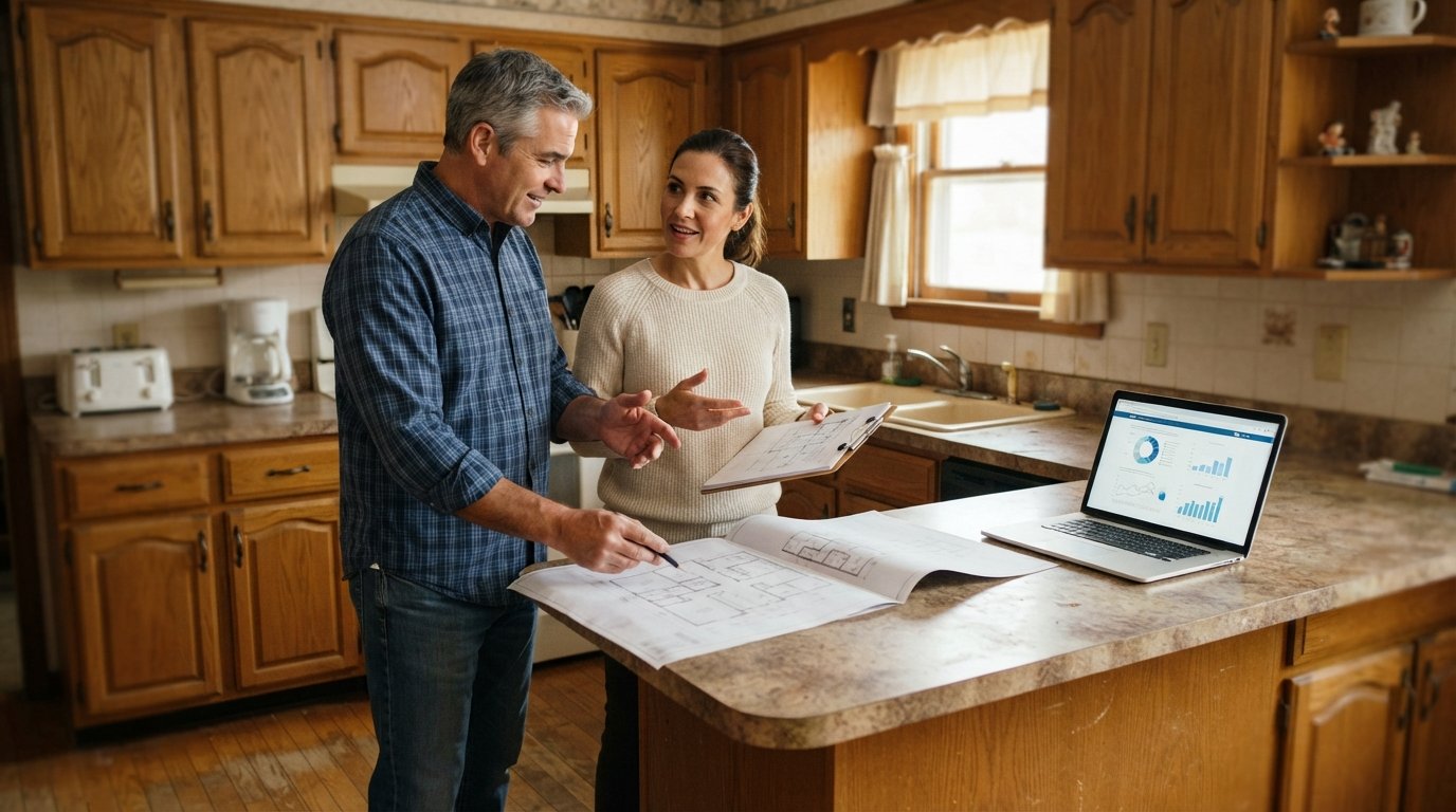 Couple reviewing renovation blueprints and a clipboard in an outdated kitchen with oak cabinets and worn countertops,…