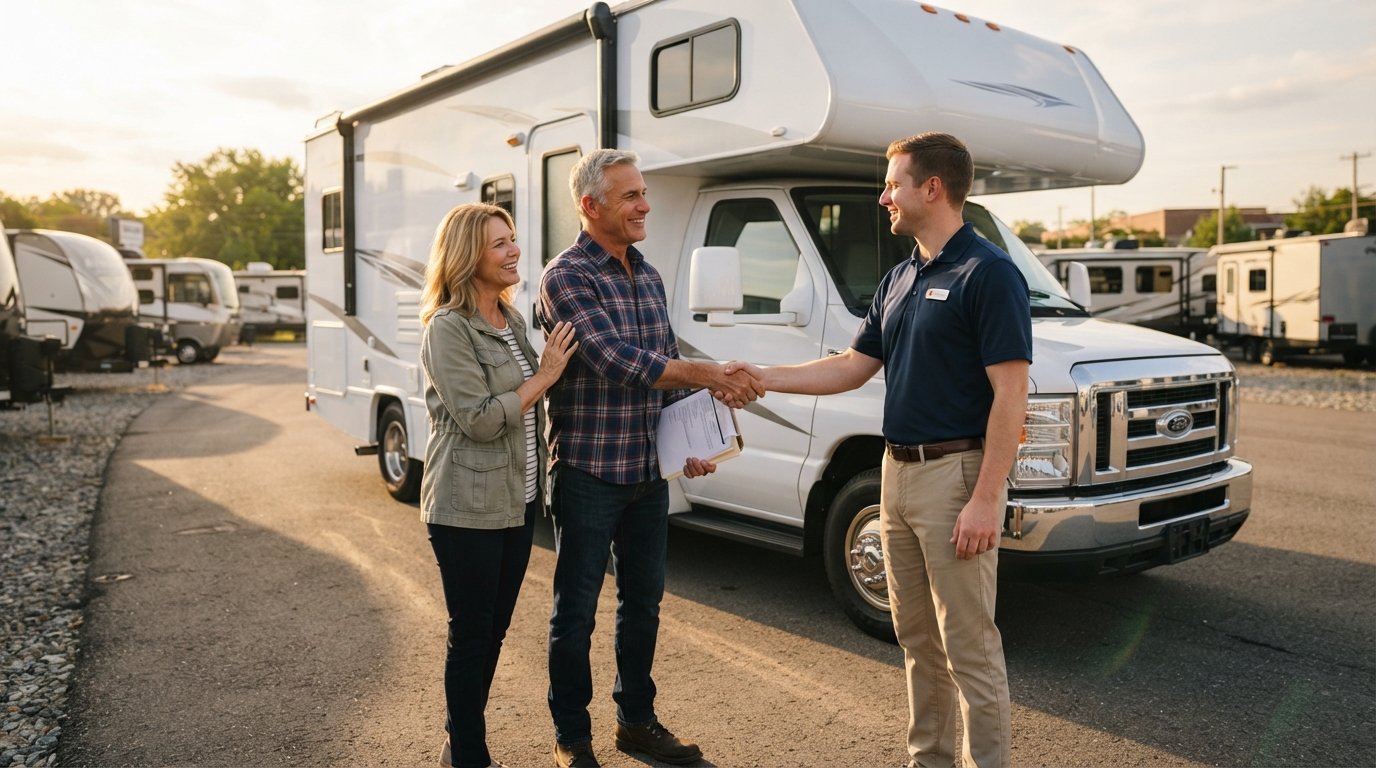 Middle-aged couple shaking hands with a salesperson beside a white Class C motorhome on a dealership lot in golden…