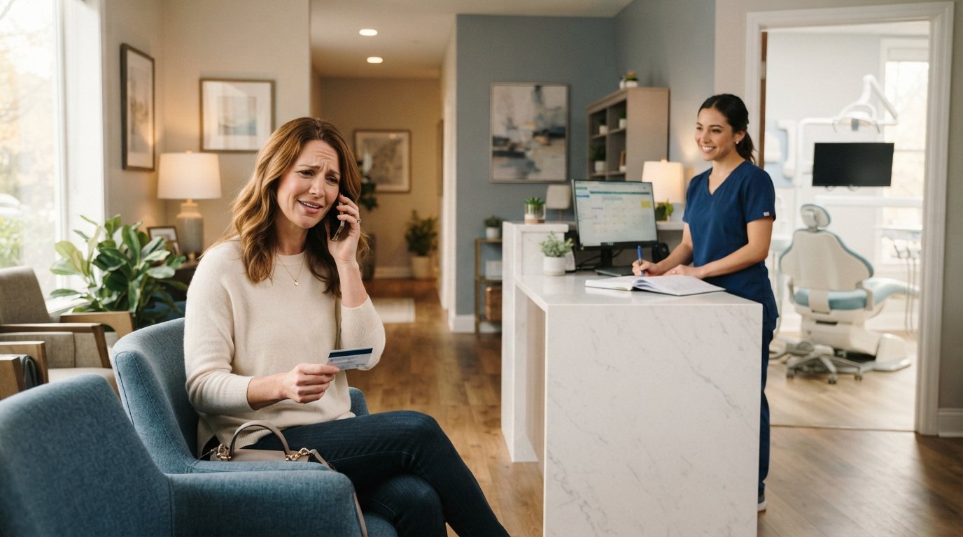 Woman in a waiting chair holds a smartphone and insurance card while calling, with a dental receptionist at the front desk…