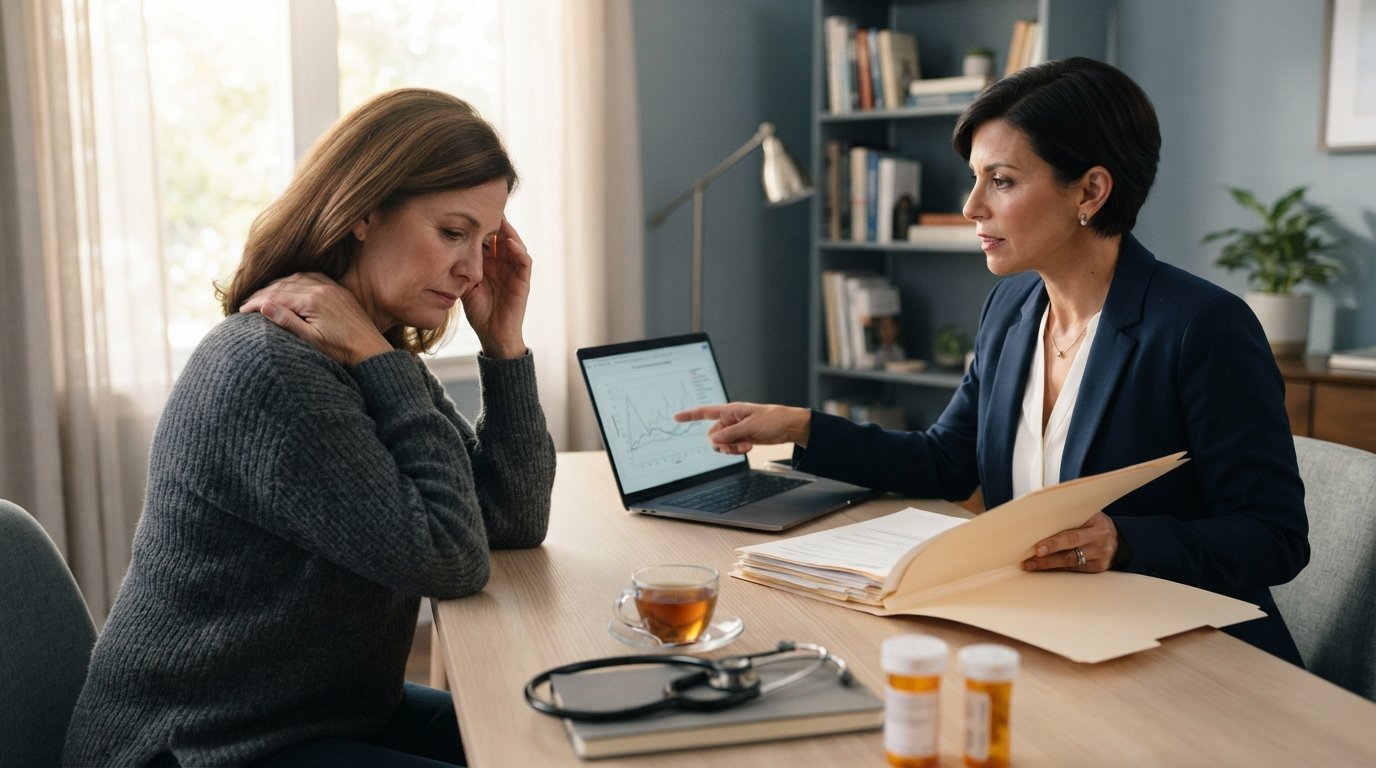 Middle-aged woman rubbing her temple and shoulder while a lawyer reviews her medical file and points at a laptop screen