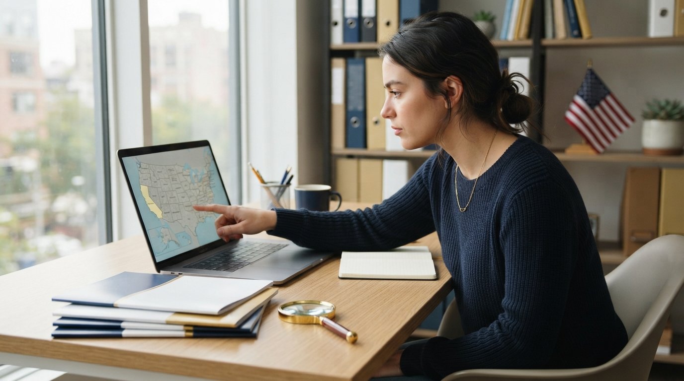 Young woman at a desk points to a state on a US map displayed on her laptop, with college brochures nearby