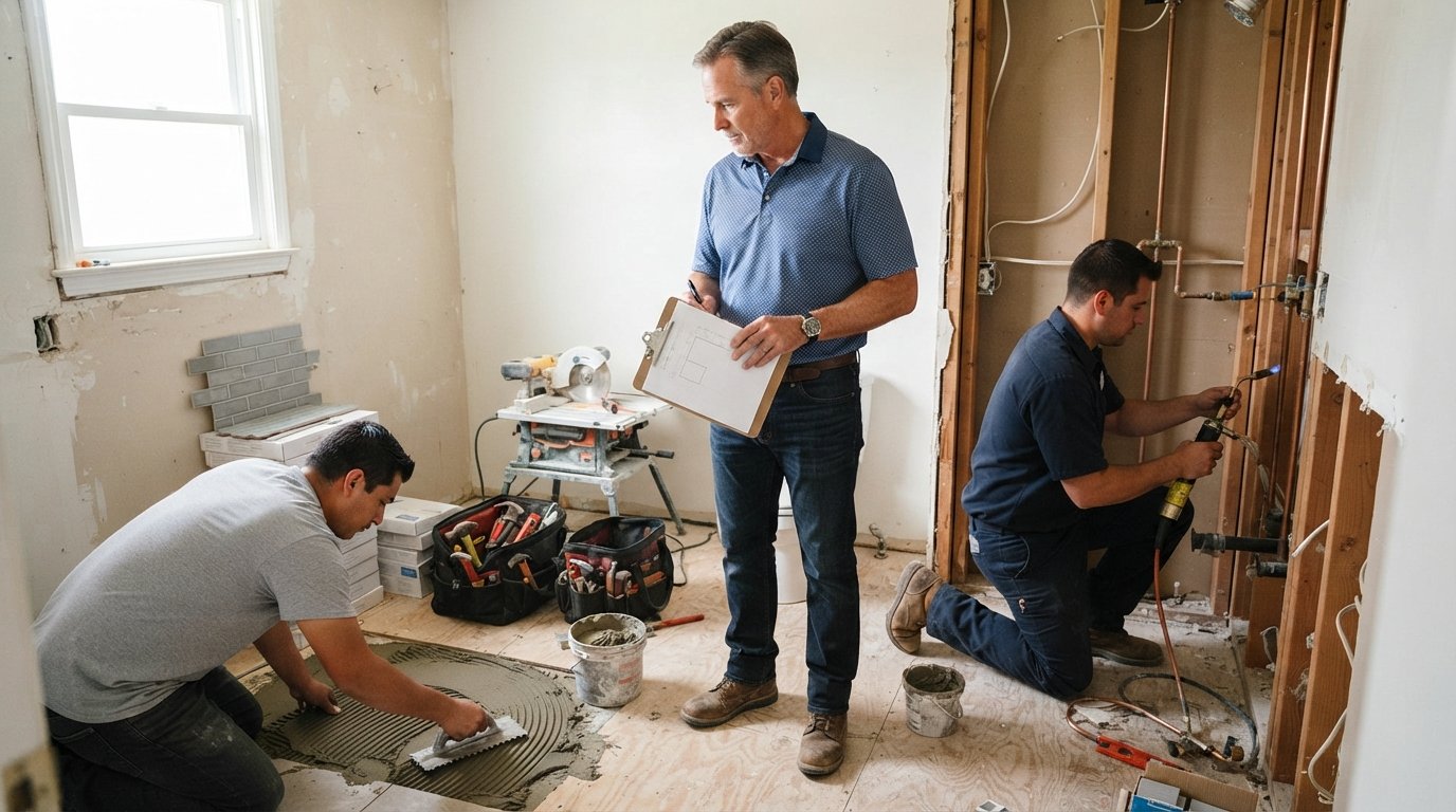 Homeowner with clipboard watches a plumber fit copper pipes and a tile setter spread thinset in a bright, unfinished bathroom