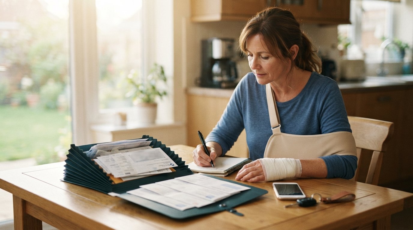 Injured driver with a bandaged wrist and sling writing notes in a folder of medical receipts and insurance letters at a…