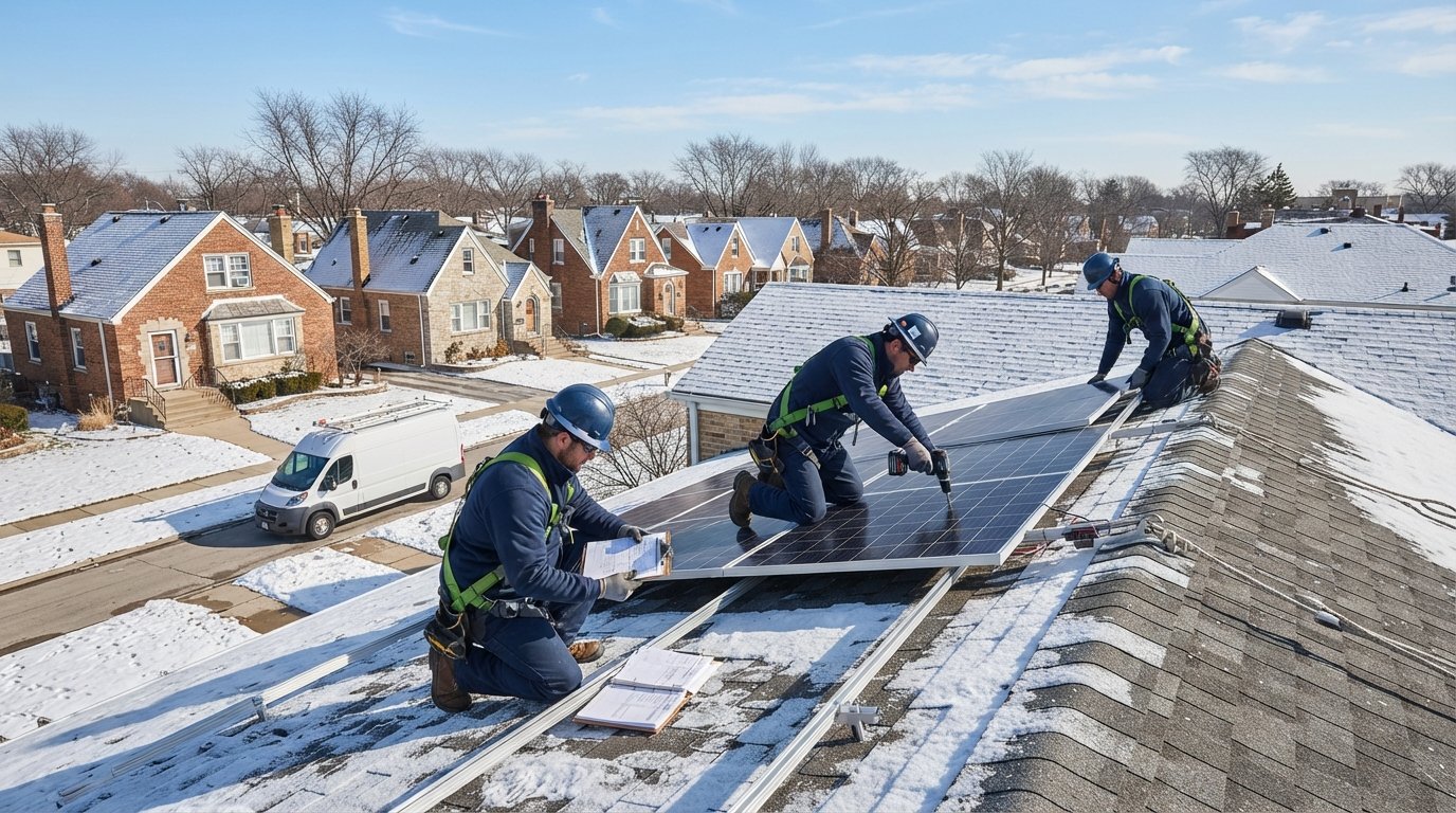 Solar installers in work uniforms and safety harnesses mounting photovoltaic panels on a snow-dusted suburban Chicago…